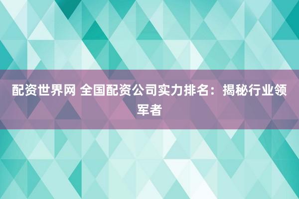 配资世界网 全国配资公司实力排名：揭秘行业领军者